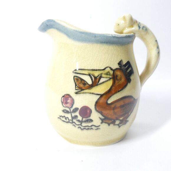 Pelican Creamer w/ Cat Handle Vintage Surrealist Japan Ceramic Cream Pitcher - Picture 1 of 8